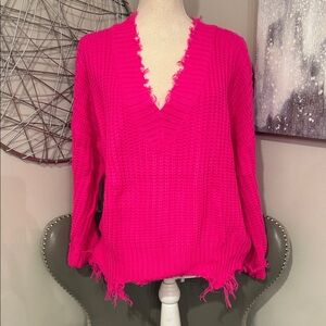 Main Strip Hot Pink V-Neck Sweater